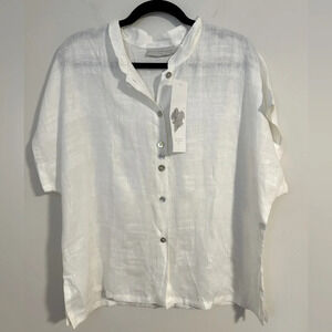 NWT eleven stitch design 100% linen white pearl button up shirt blouse spring L